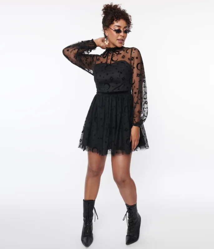 Unique Vintage Black Flocked Moon & Stars Flare Dress sold by Unique Vintage