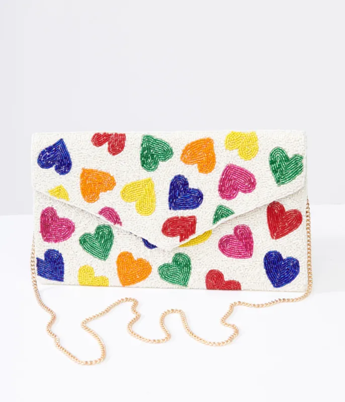 Rainbow Beaded Heart Clutch Handbag sold by Unique Vintage