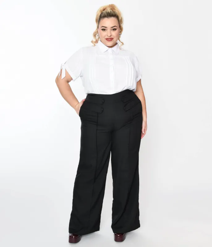 Unique Vintage Plus Size 1940s Black High Waist Wide Leg Tab Pants sold by Unique Vintage