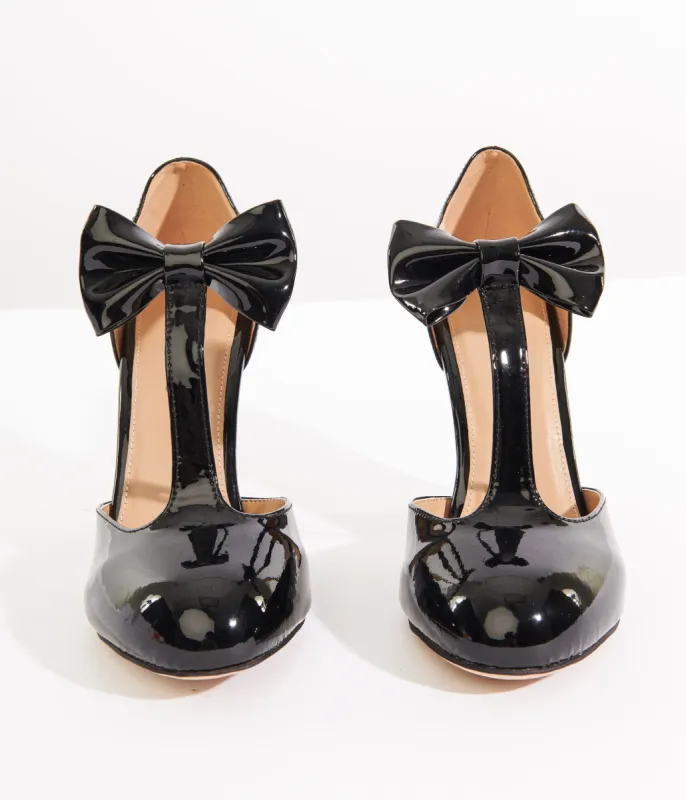 Unique Vintage 1920s Black Patent Leatherette Bow T-Strap Heels sold by Unique Vintage