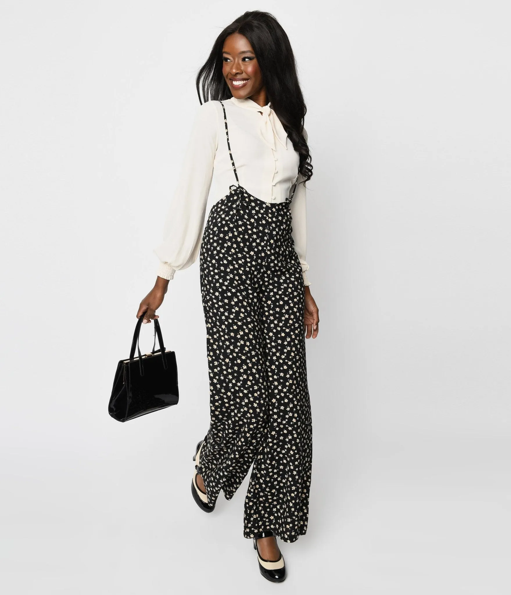 1940s Black Ditsy Floral Jordan Suspender Jumpsuit sold by Unique Vintage product image thumbnail 3