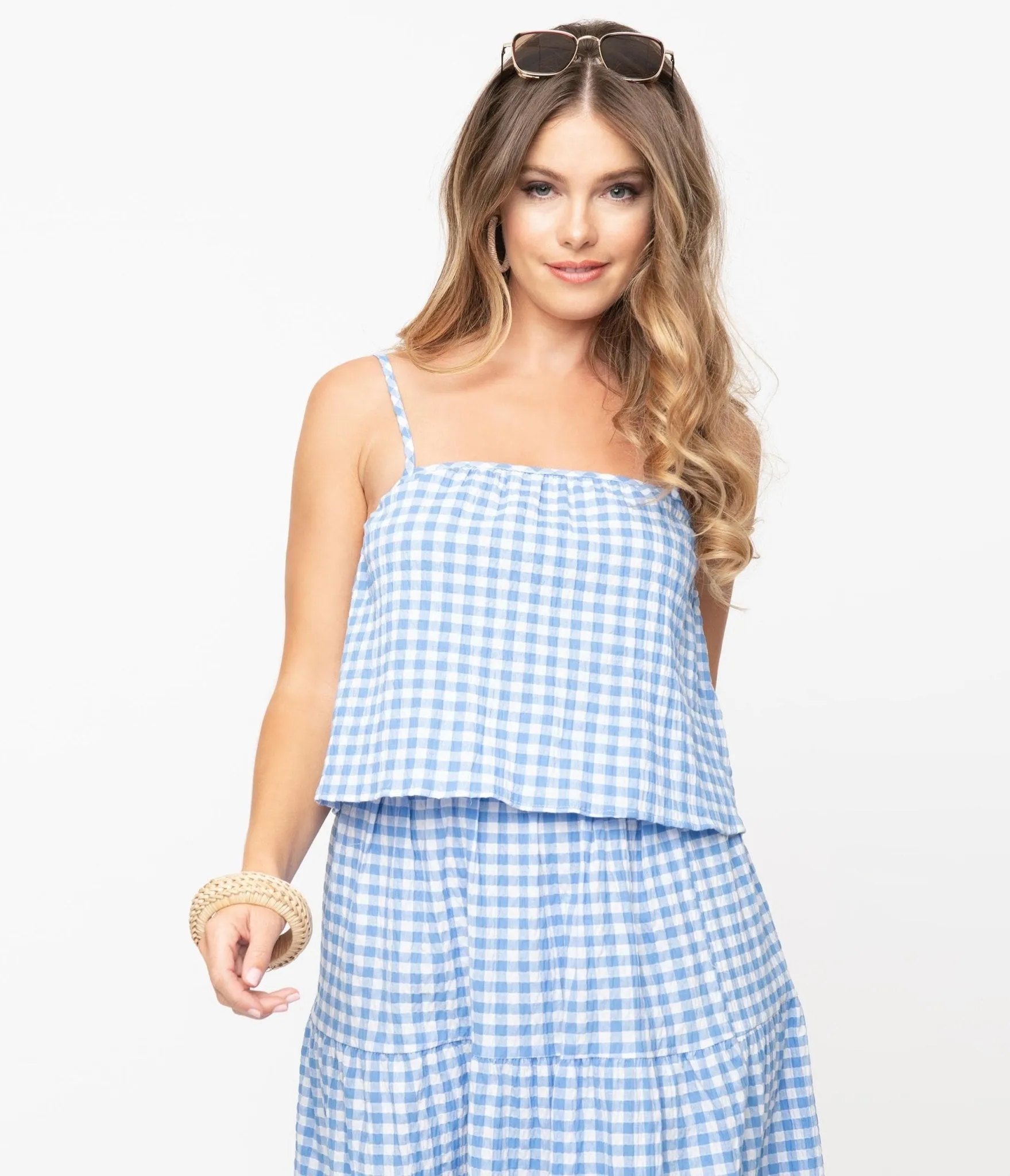 1970s Style Blue & White Gingham Crop Top sold by Unique Vintage