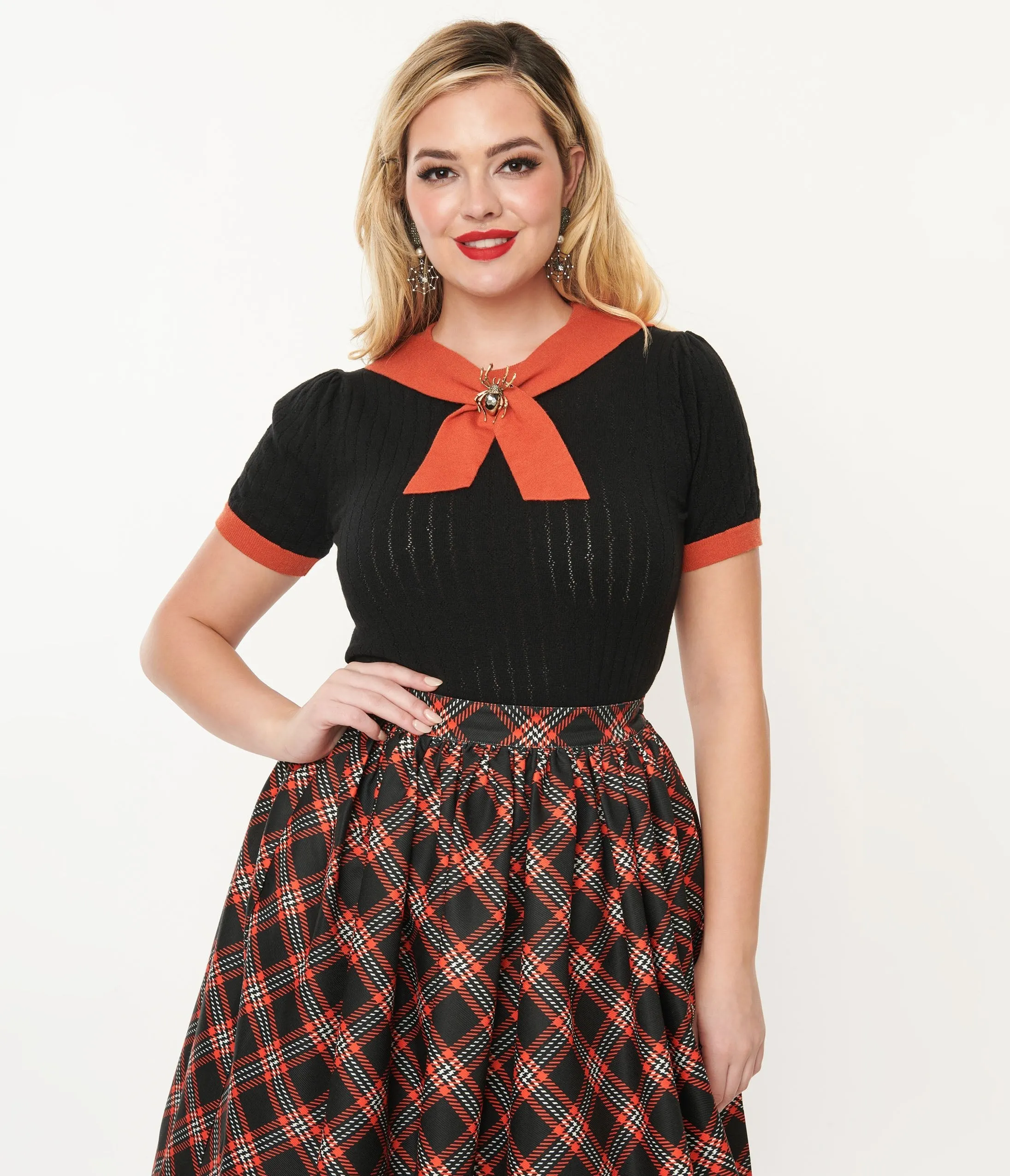 Unique Vintage Black & Orange Spider Brooch Neck Tie Park City Sweater sold by Unique Vintage