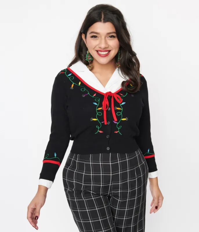 Unique Vintage Black Holiday Lights Crop Cardigan sold by Unique Vintage
