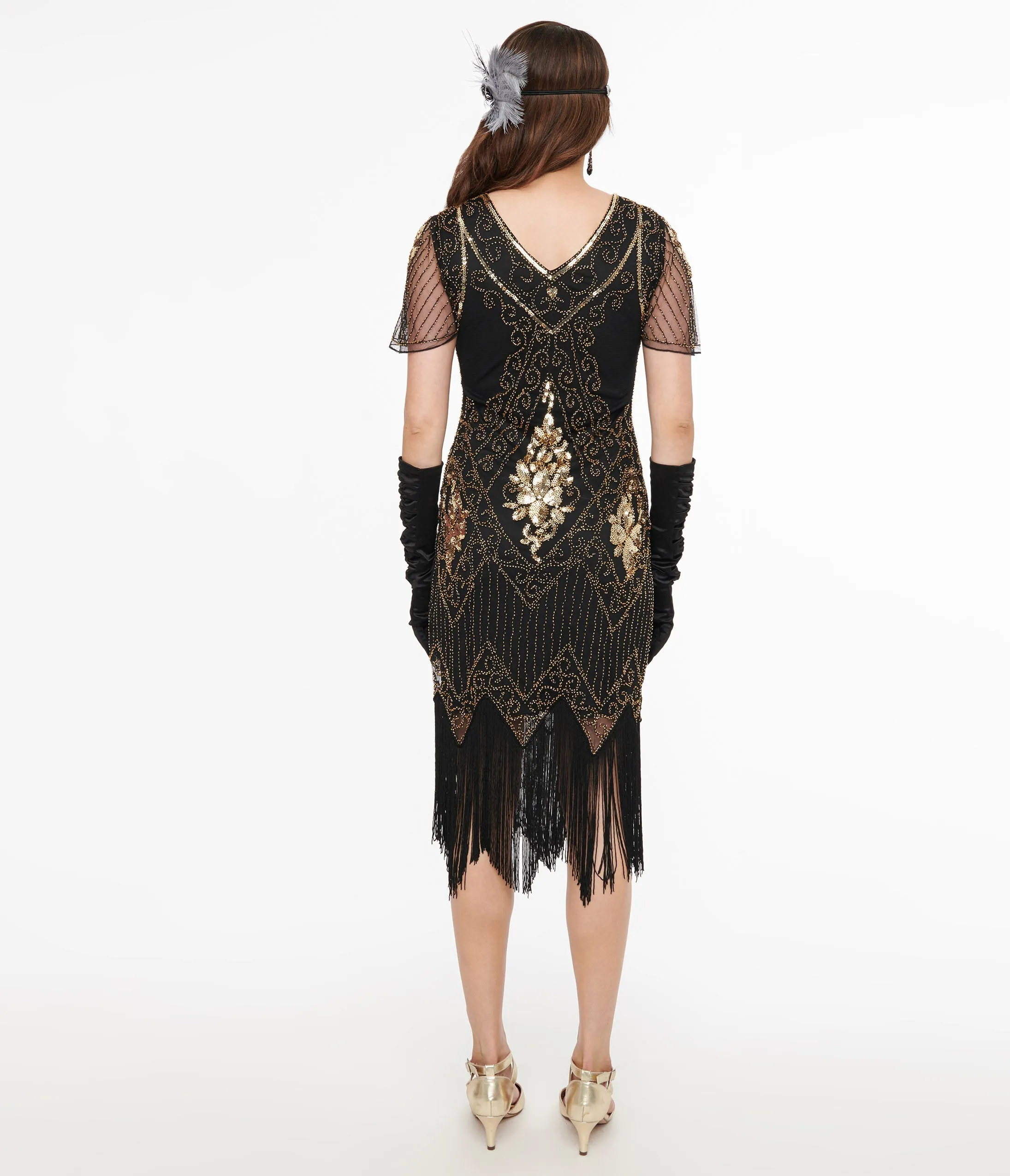 1920s Black & Gold Beaded Fringe Flapper Dress sold by Unique Vintage product image thumbnail 2