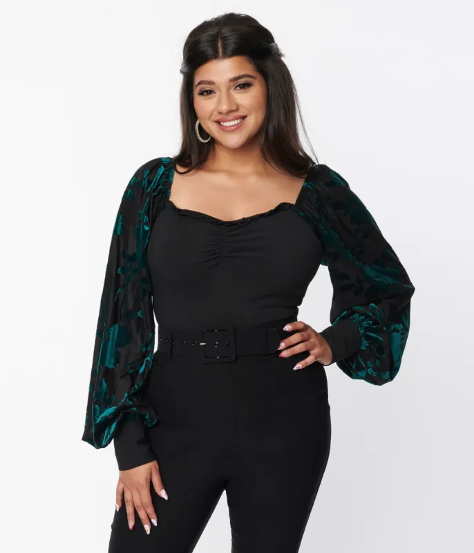 Unique Vintage Teal & Black Floral Velvet Burnout Bodysuit sold by Unique Vintage