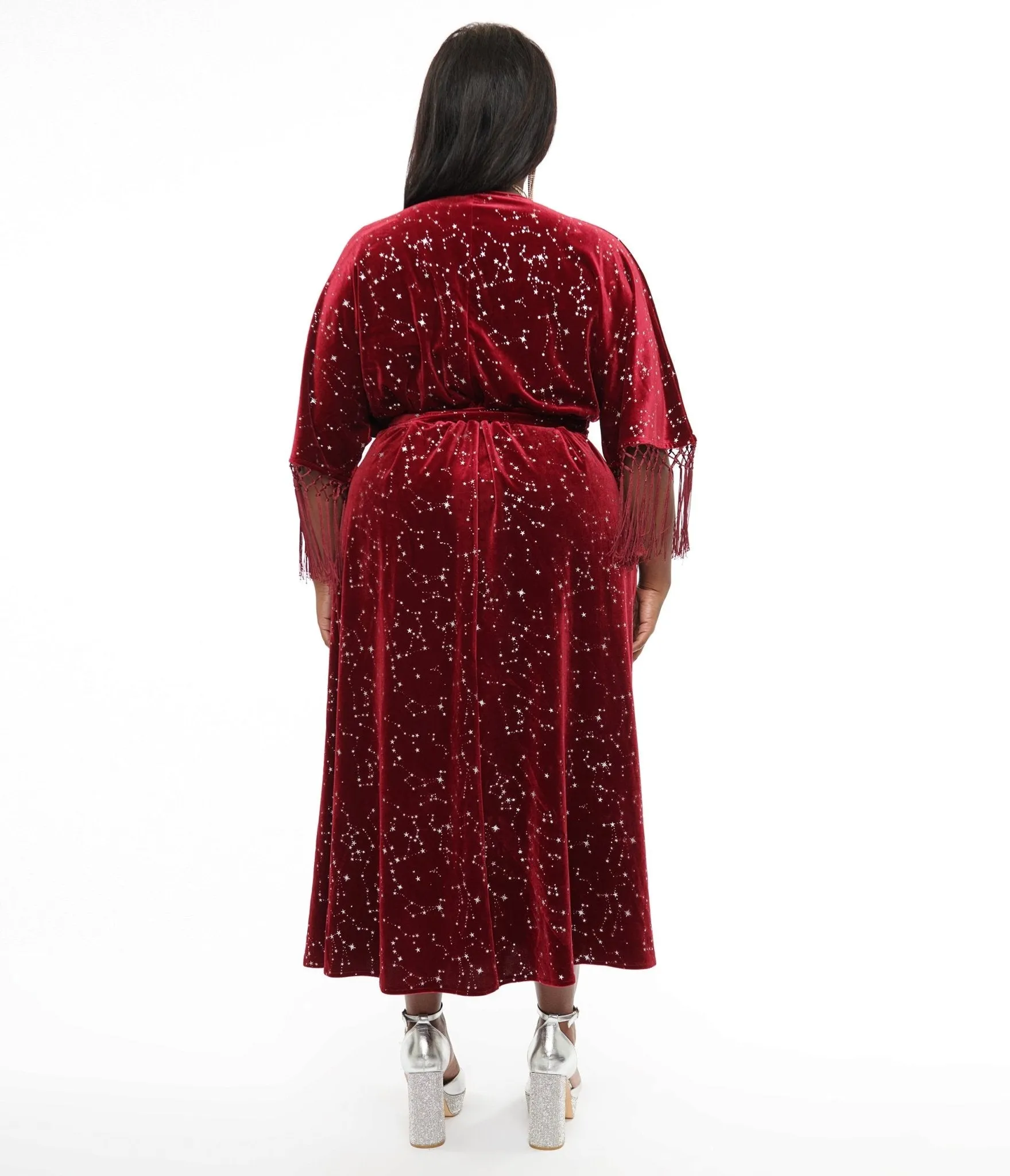 Unique Vintage Plus Size 1970s Burgundy Velvet Silver Star Wrap Midi Dress sold by Unique Vintage product image thumbnail 2