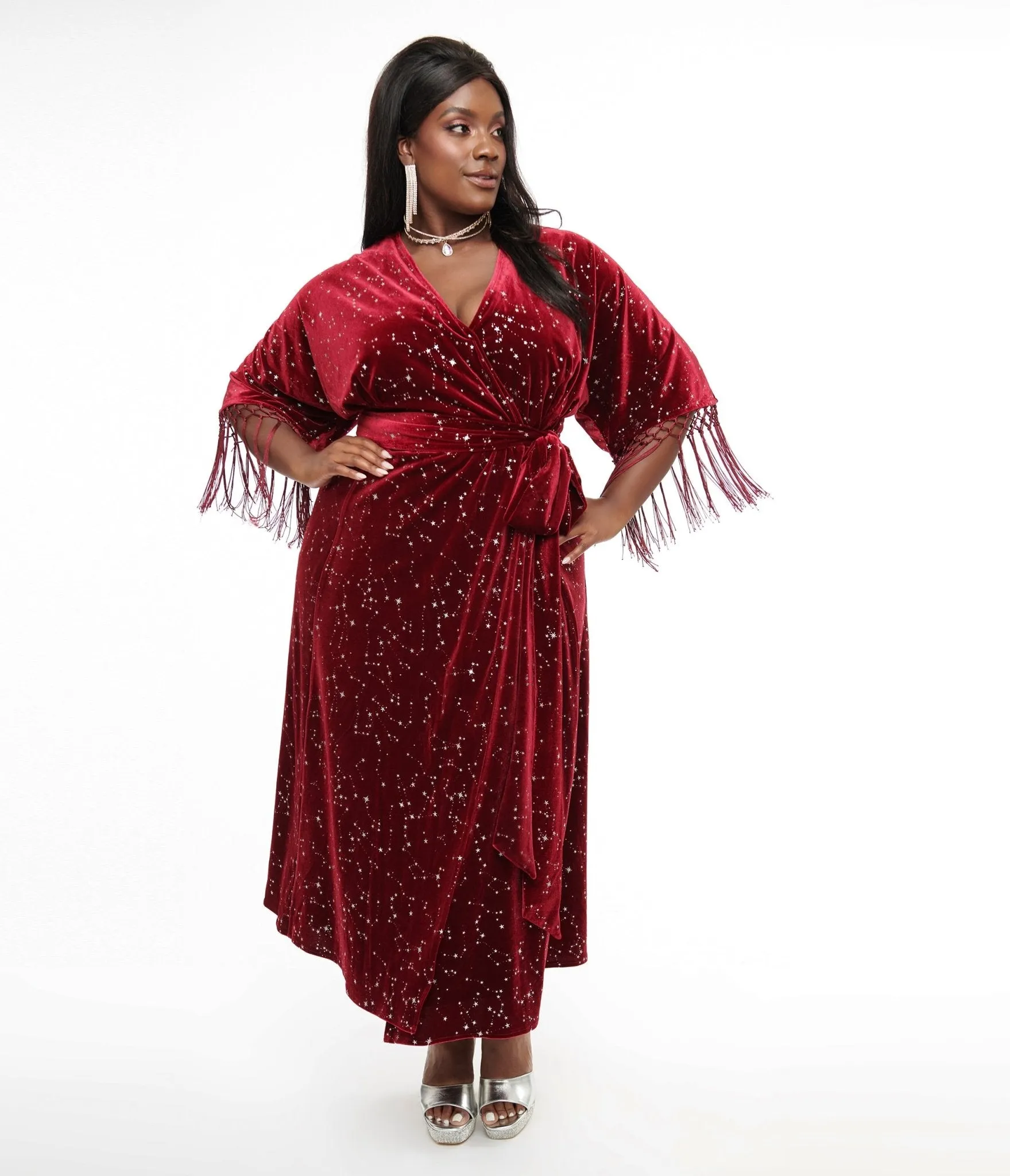 Unique Vintage Plus Size 1970s Burgundy Velvet Silver Star Wrap Midi Dress sold by Unique Vintage product image thumbnail 3
