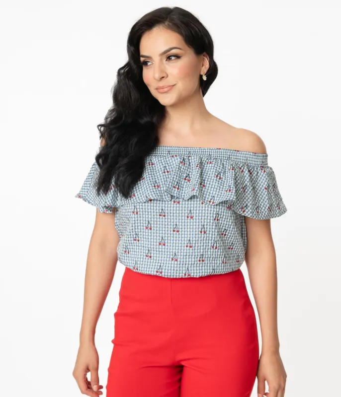 Unique Vintage Blue & White Gingham Cherry Print Luanne Top sold by Unique Vintage