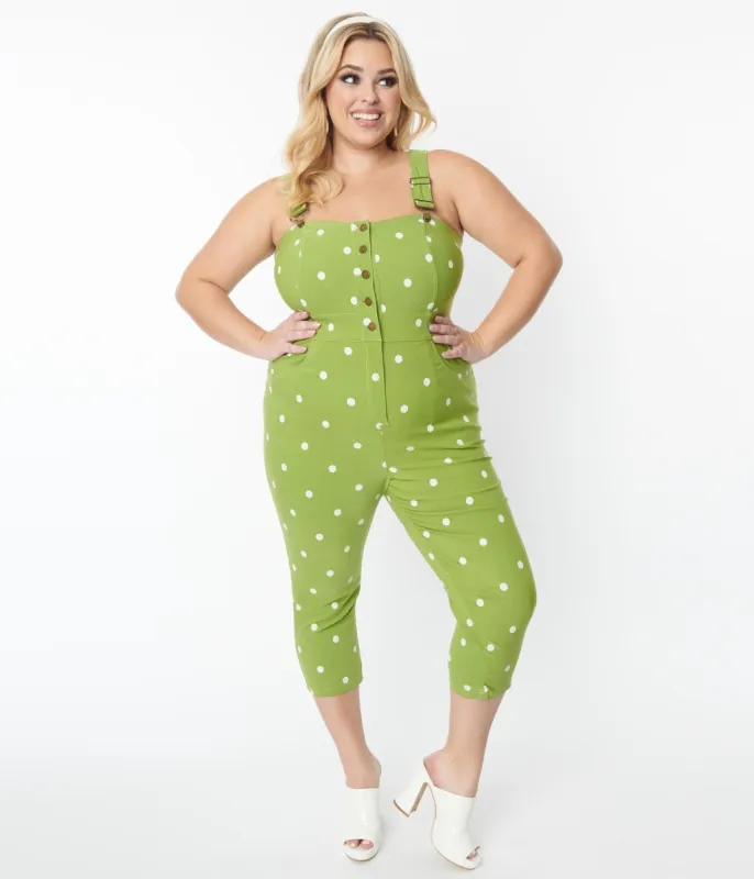 Unique Vintage Plus Size 1970s Green & White Dot Eartha Jumpsuit sold by Unique Vintage