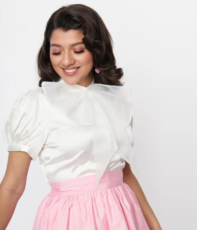 Voodoo Vixen Ivory Bold Bow Satin Blouse sold by Unique Vintage