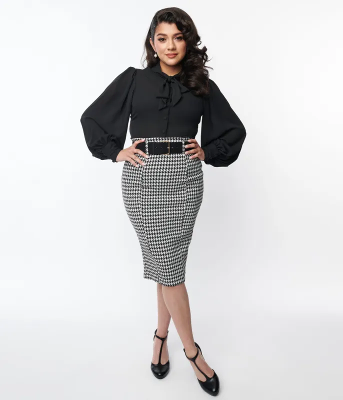 Unique Vintage Black & White Houndstooth Belted Pencil Skirt sold by Unique Vintage