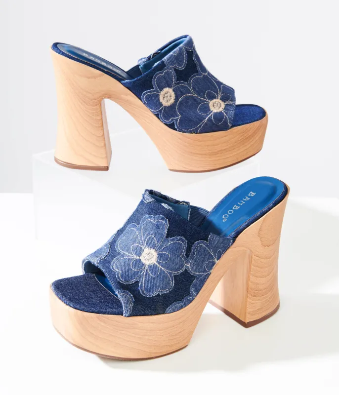 1970s Blue Denim Floral Platform Mule Sandals sold by Unique Vintage
