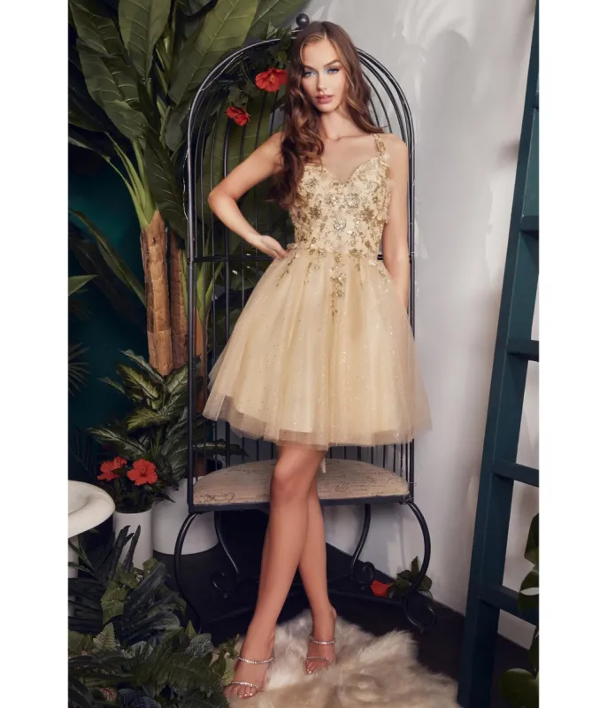 Cinderella Divine  Champagne Rhinestone 3D Floral & Tulle Flare Homecoming Dress sold by Unique Vintage