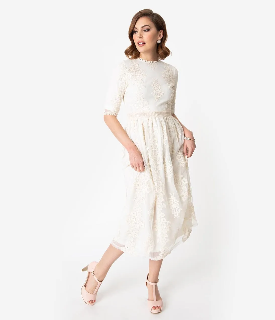Vintage Style Antique Ivory Embroidered Lace Modest Midi Dress sold by Unique Vintage product image thumbnail 4