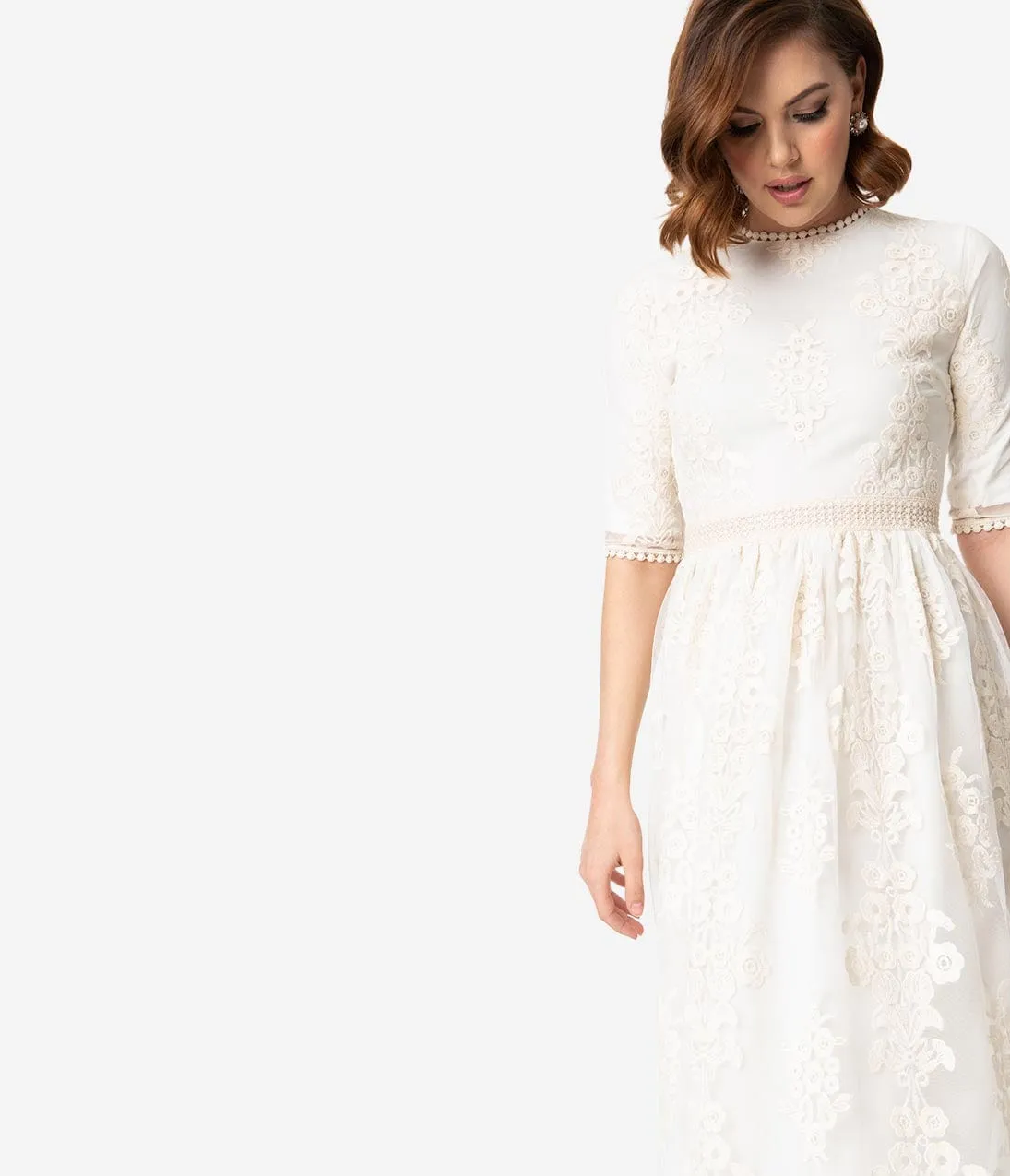Vintage Style Antique Ivory Embroidered Lace Modest Midi Dress sold by Unique Vintage