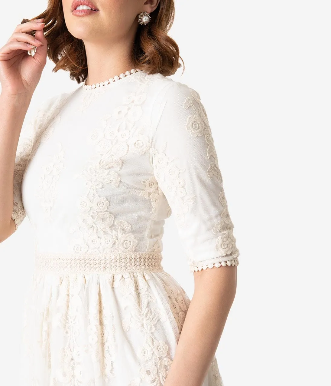Vintage Style Antique Ivory Embroidered Lace Modest Midi Dress sold by Unique Vintage product image thumbnail 5