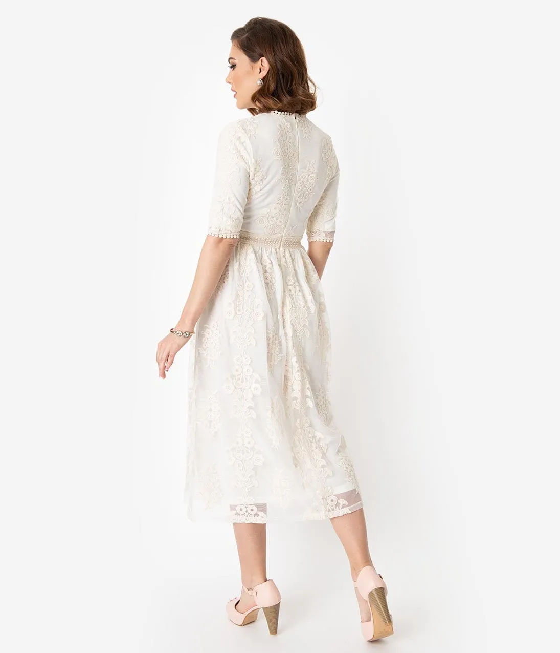 Vintage Style Antique Ivory Embroidered Lace Modest Midi Dress sold by Unique Vintage product image thumbnail 2