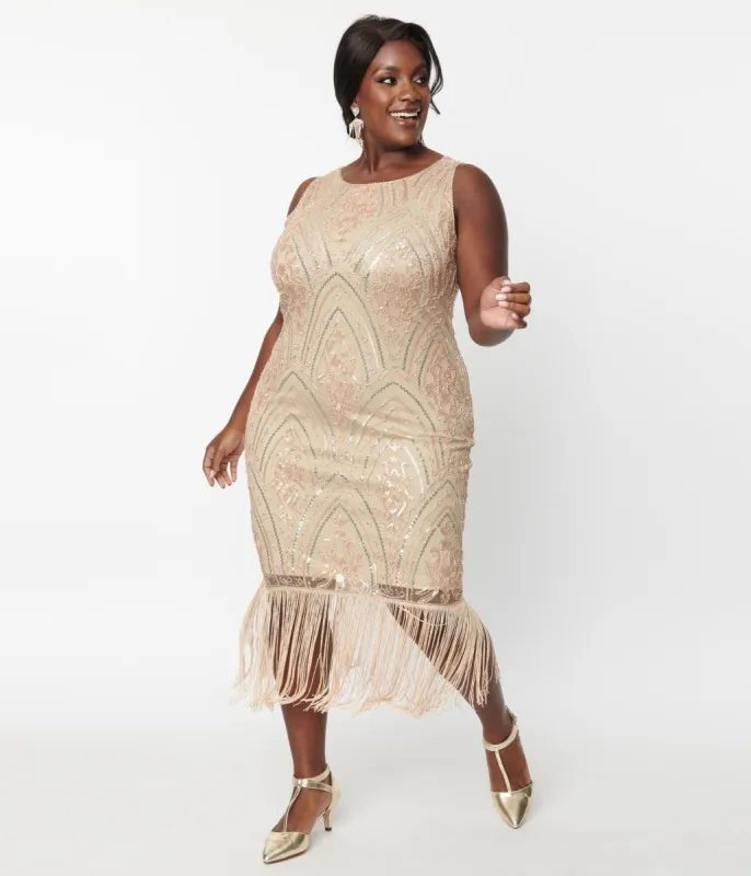 Unique Vintage Plus Size 1920s Champagne Sequin & Pearl Sleeveless Flapper Dress sold by Unique Vintage