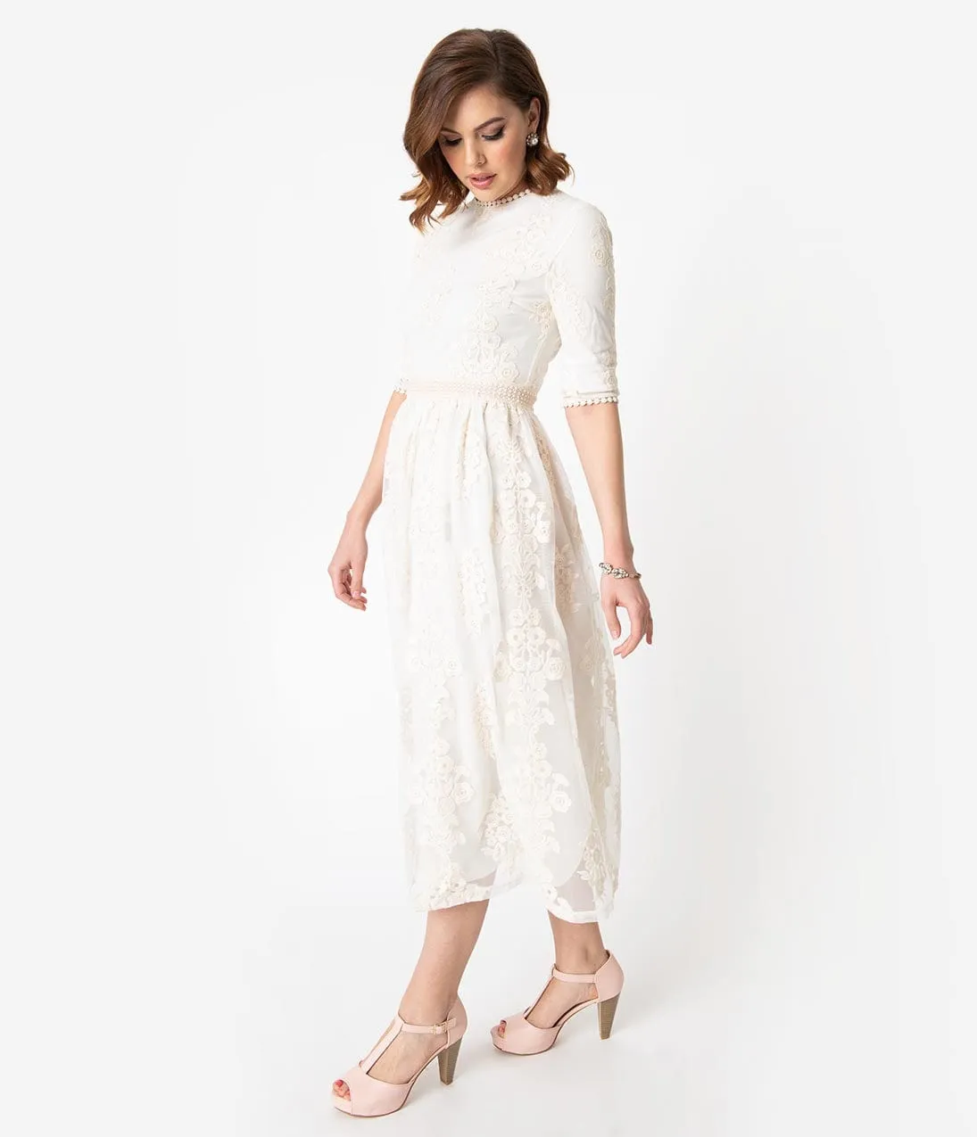 Vintage Style Antique Ivory Embroidered Lace Modest Midi Dress sold by Unique Vintage product image thumbnail 3