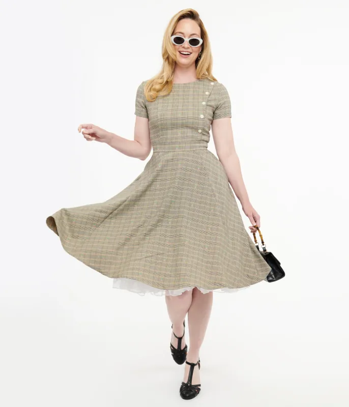 1950s Beige Plaid & Pink Floral Swing Dress sold by Unique Vintage