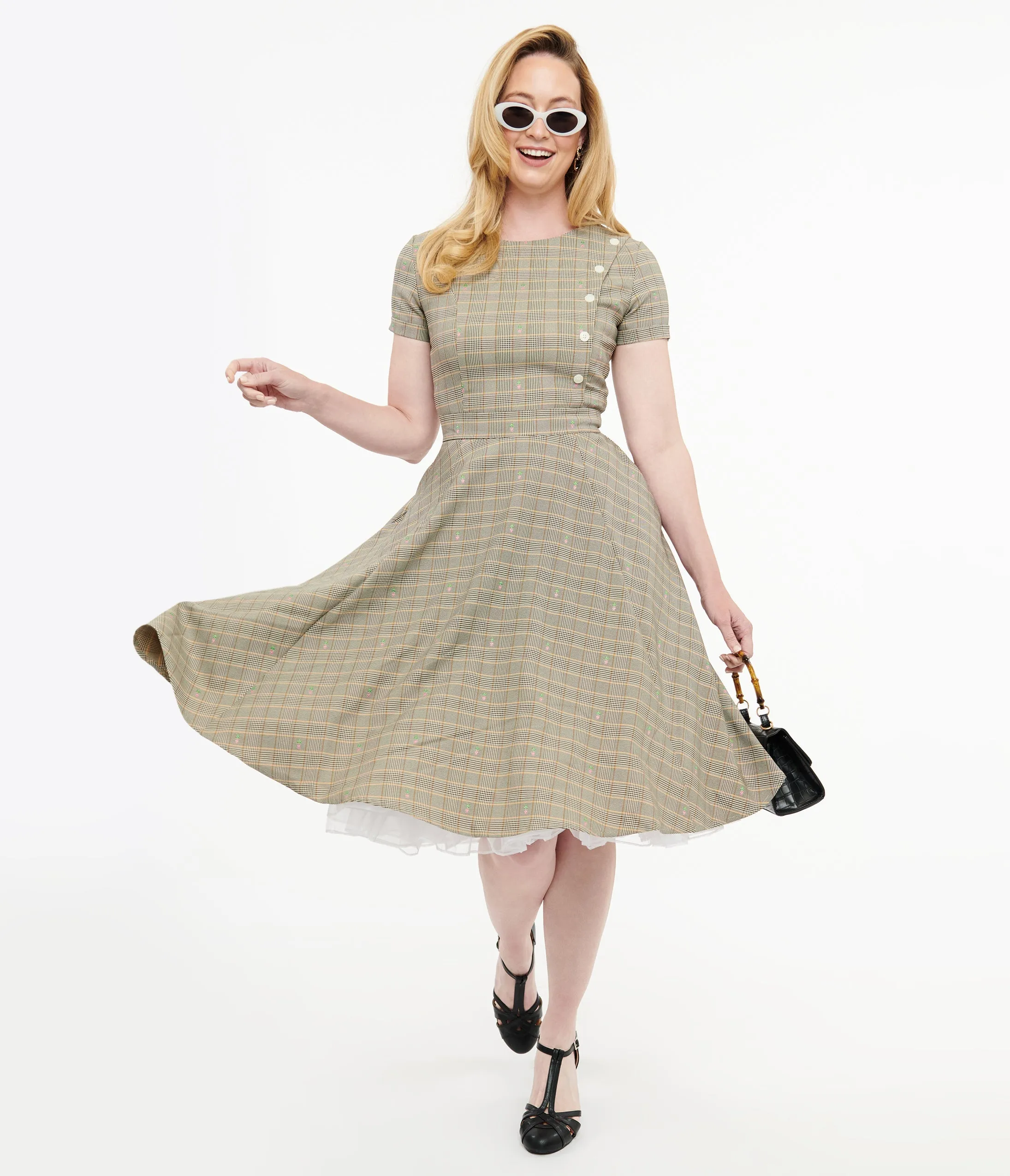 1950s Beige Plaid & Pink Floral Swing Dress sold by Unique Vintage