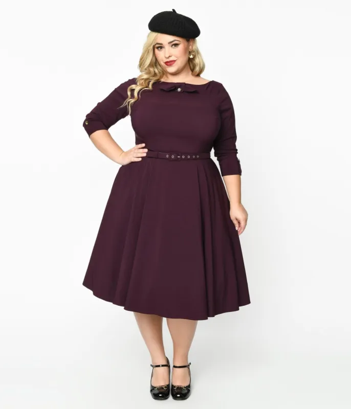 Unique Vintage Eggplant Faux Bow Devon Swing Dress sold by Unique Vintage