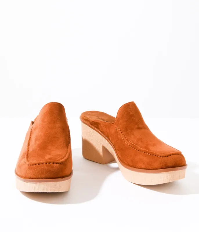 1970s Brown Faux Suede Platform Mule Heels sold by Unique Vintage