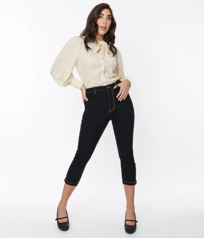 Unique Vintage Black Moon & Star Embroidery Rachelle Capri Pants sold by Unique Vintage