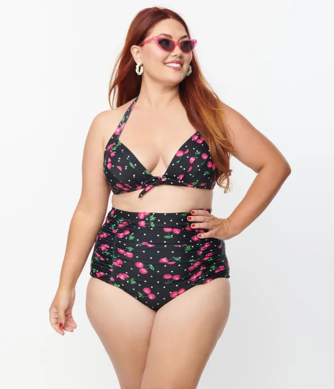 Unique Vintage Plus Size 1950s Black & Hot Pink Cherry Pin Dot Monroe Swim Bottom sold by Unique Vintage