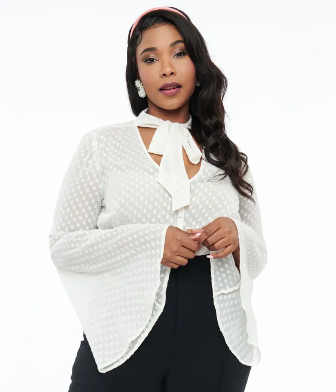 Smak Parlour Plus Size Ivory Diamond Clip Dot Bow Blouse sold by Unique Vintage