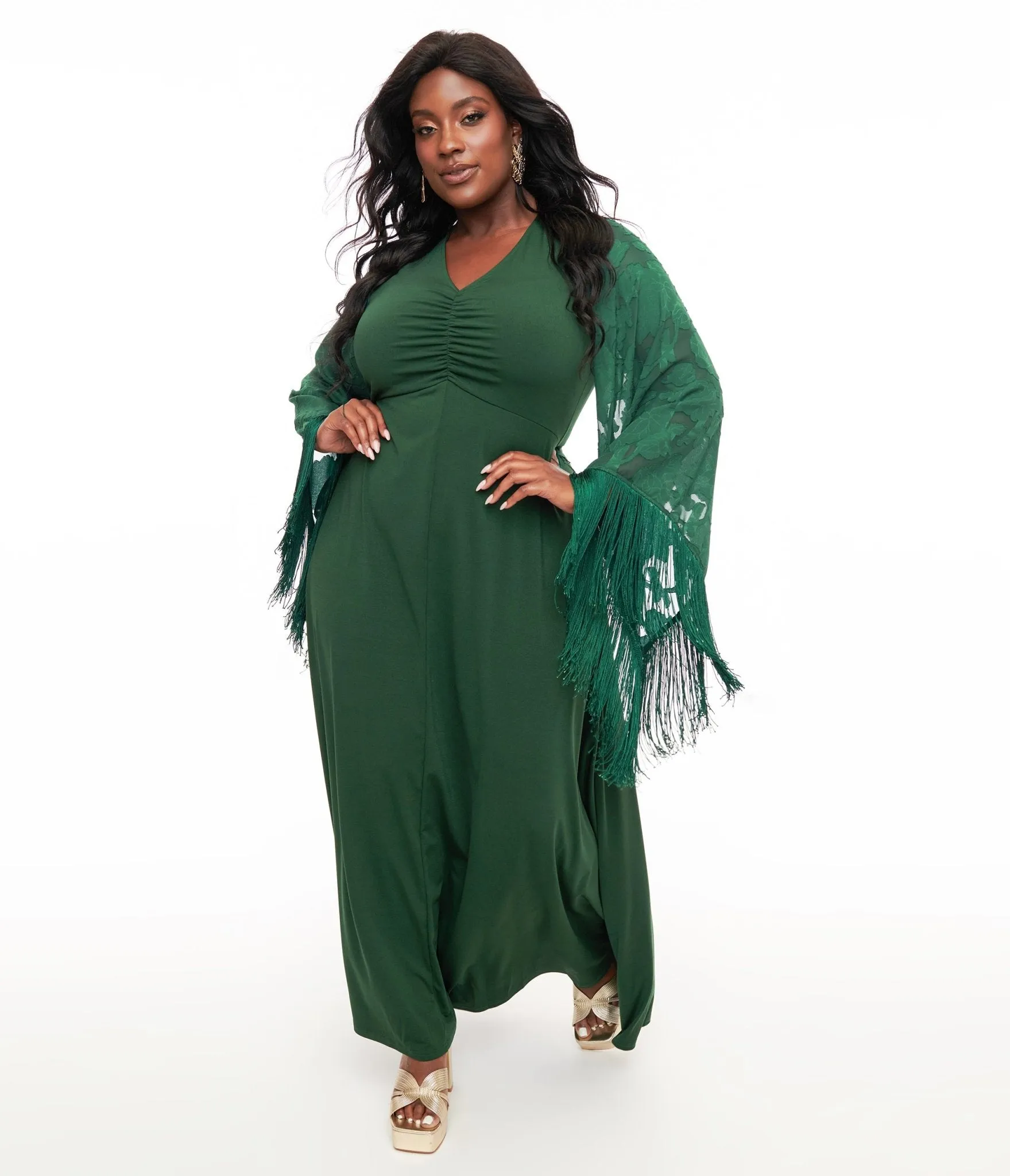 Smak Parlour Plus Size 1970s Green Fringe Sleeve Stevie Maxi Dress sold by Unique Vintage