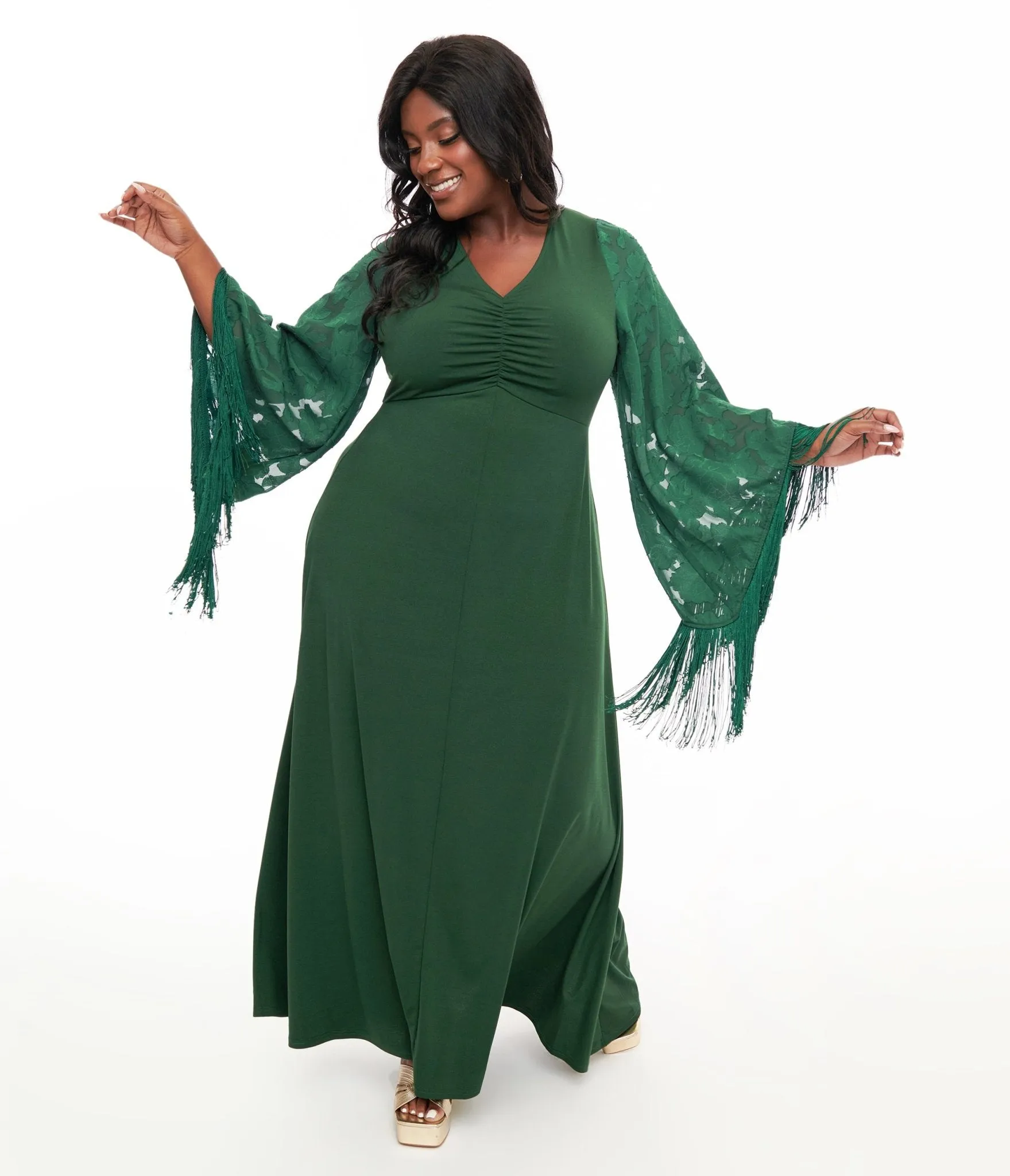 Smak Parlour Plus Size 1970s Green Fringe Sleeve Stevie Maxi Dress sold by Unique Vintage product image thumbnail 3
