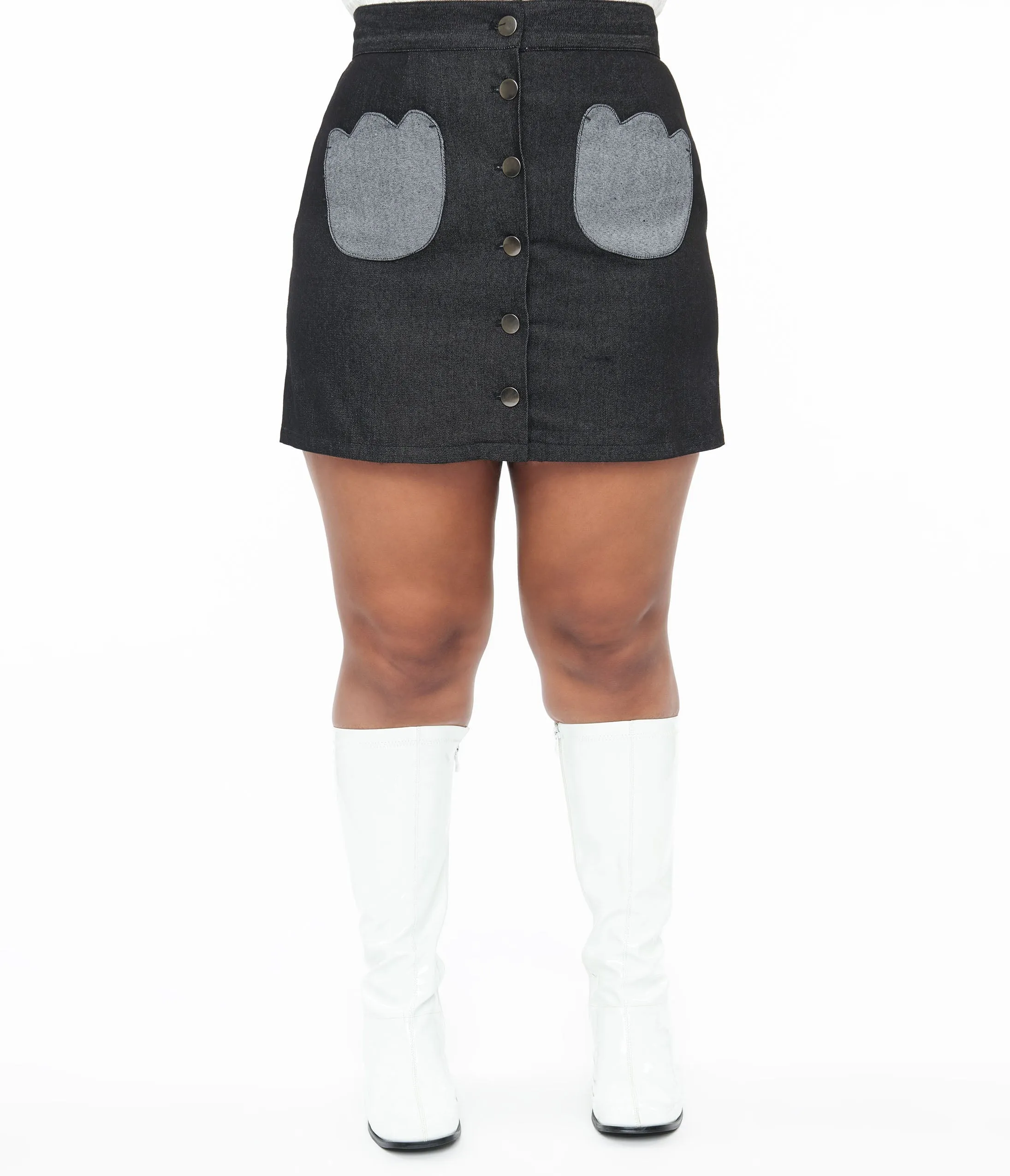 Smak Parlour Plus Size Black Denim Tulip Patch Pocket Skirt sold by Unique Vintage product image thumbnail 2