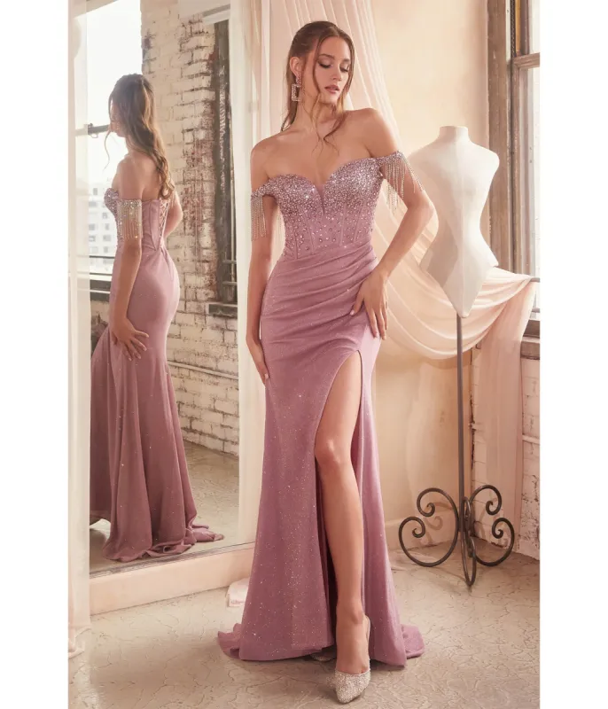 Cinderella Divine Dusty Rose Off Shoulder Crystal Fringe Prom Dress sold by Unique Vintage