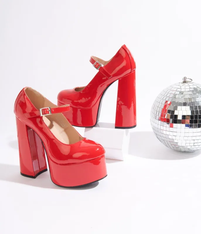 Unique Vintage Red Patent Leatherette Platform Mary Jane Heels sold by Unique Vintage