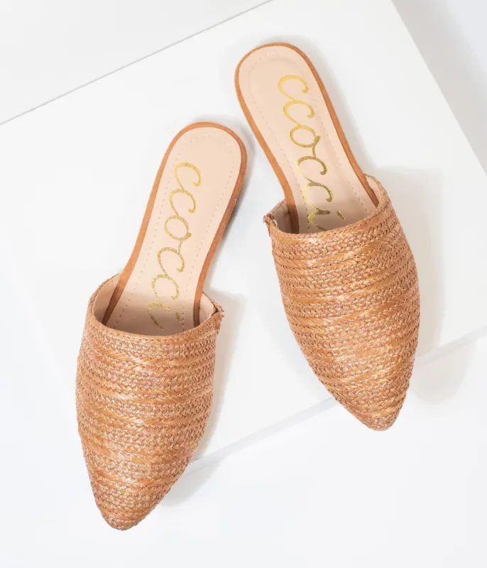 Tan Woven Straw Slip On Mules sold by Unique Vintage