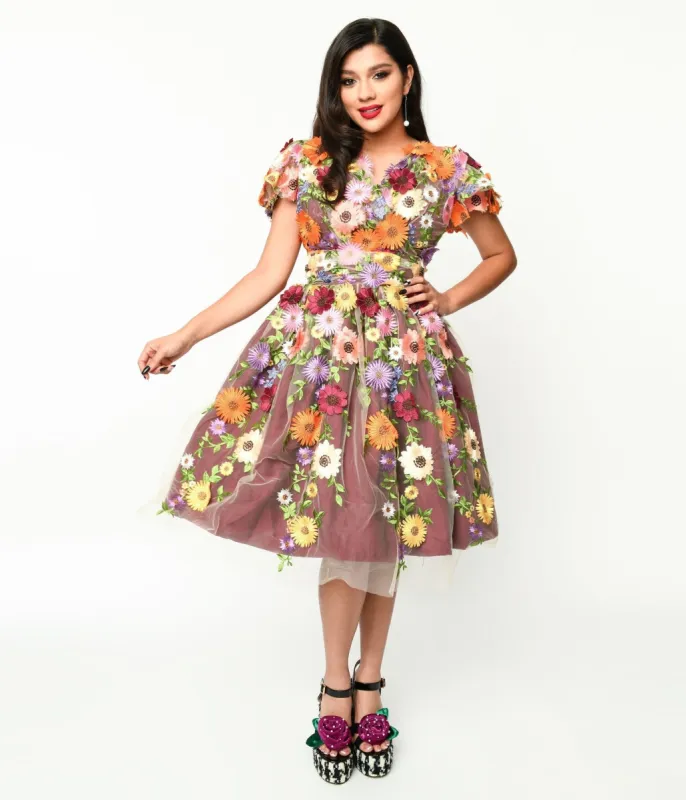 Magnolia Place Burgundy Flower Party Midori Swing Dress sold by Unique Vintage