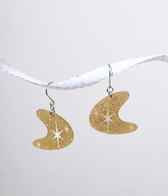 Gold Glitter Atomic Boomerang Dangle Earrings made by Unique Vintage