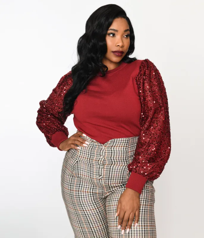 Burgundy Sequin Sleeved Knit Top sold by Unique Vintage