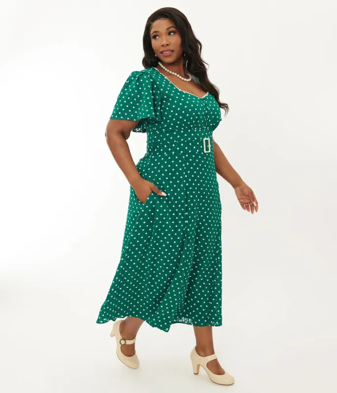 Unique Vintage Plus Size 1940s Green & White Polka Dot Godet Midi Dress sold by Unique Vintage