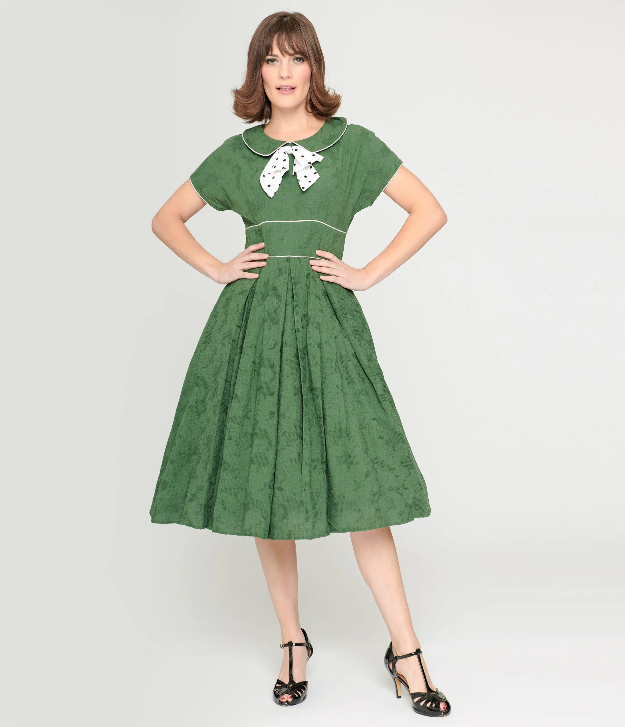Unique Vintage Green & Ivory Black Dot Swing Dress sold by Unique Vintage