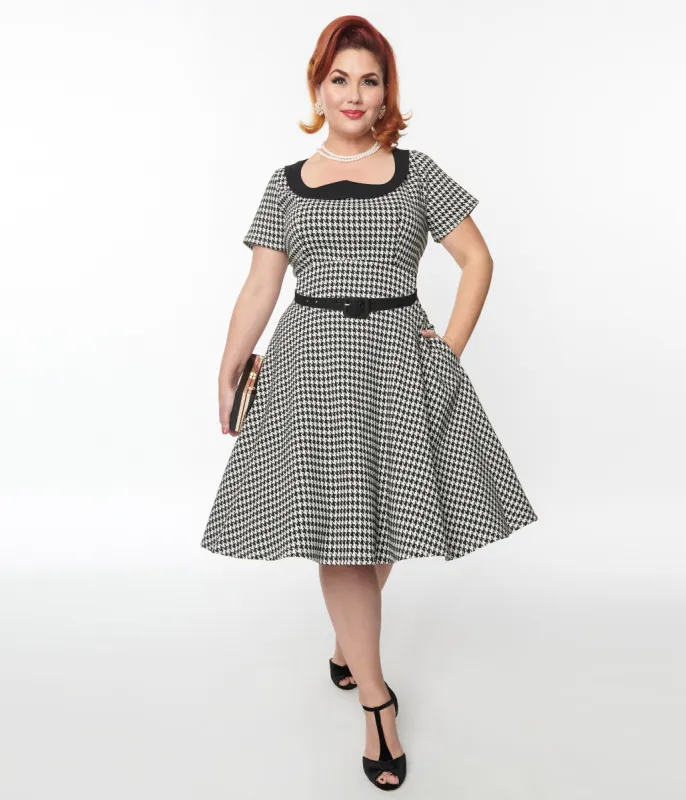 Unique Vintage 1950s Black & White Houndstooth Collared Swing Dress sold by Unique Vintage
