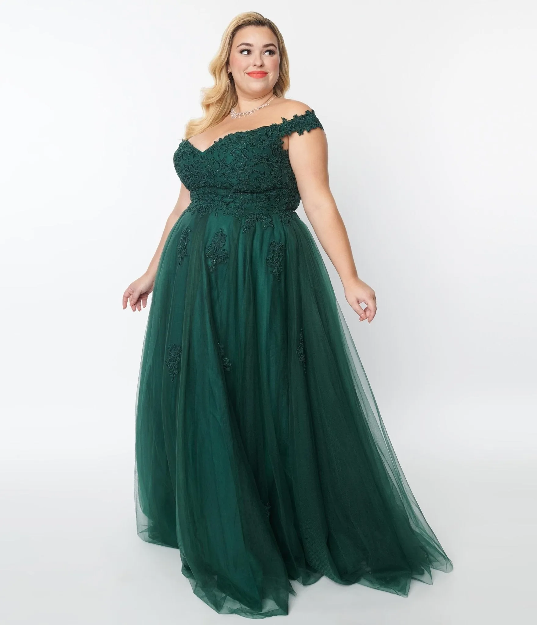 1950s Style Plus Size Emerald Floral Off The Shoulder Ball Gown sold by Unique Vintage product image thumbnail 4