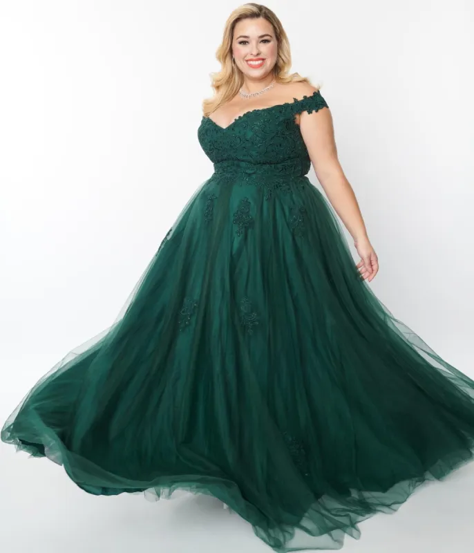 1950s Style Plus Size Emerald Floral Off The Shoulder Ball Gown sold by Unique Vintage