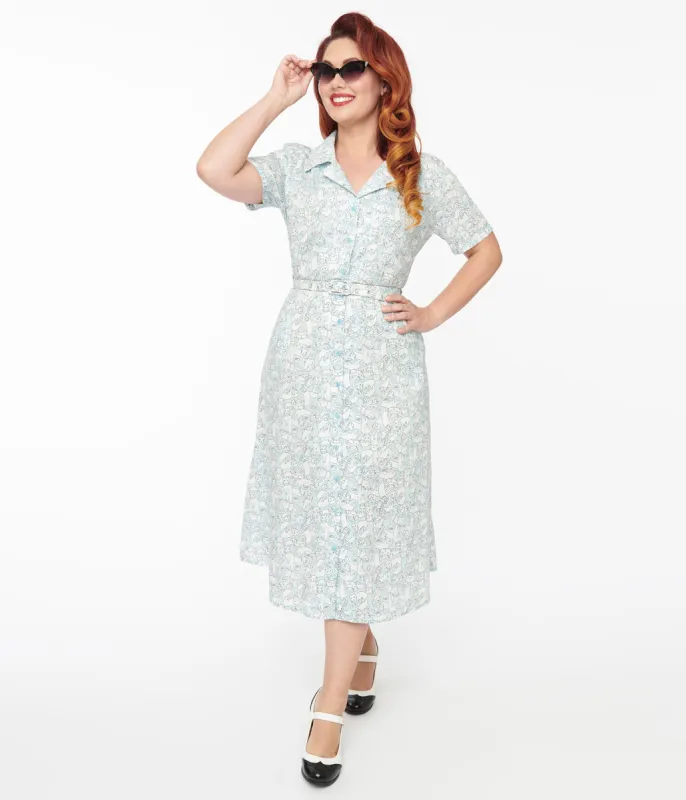 1940s Light Blue & White Cat Print Cotton Midi Dress made by Unique Vintage