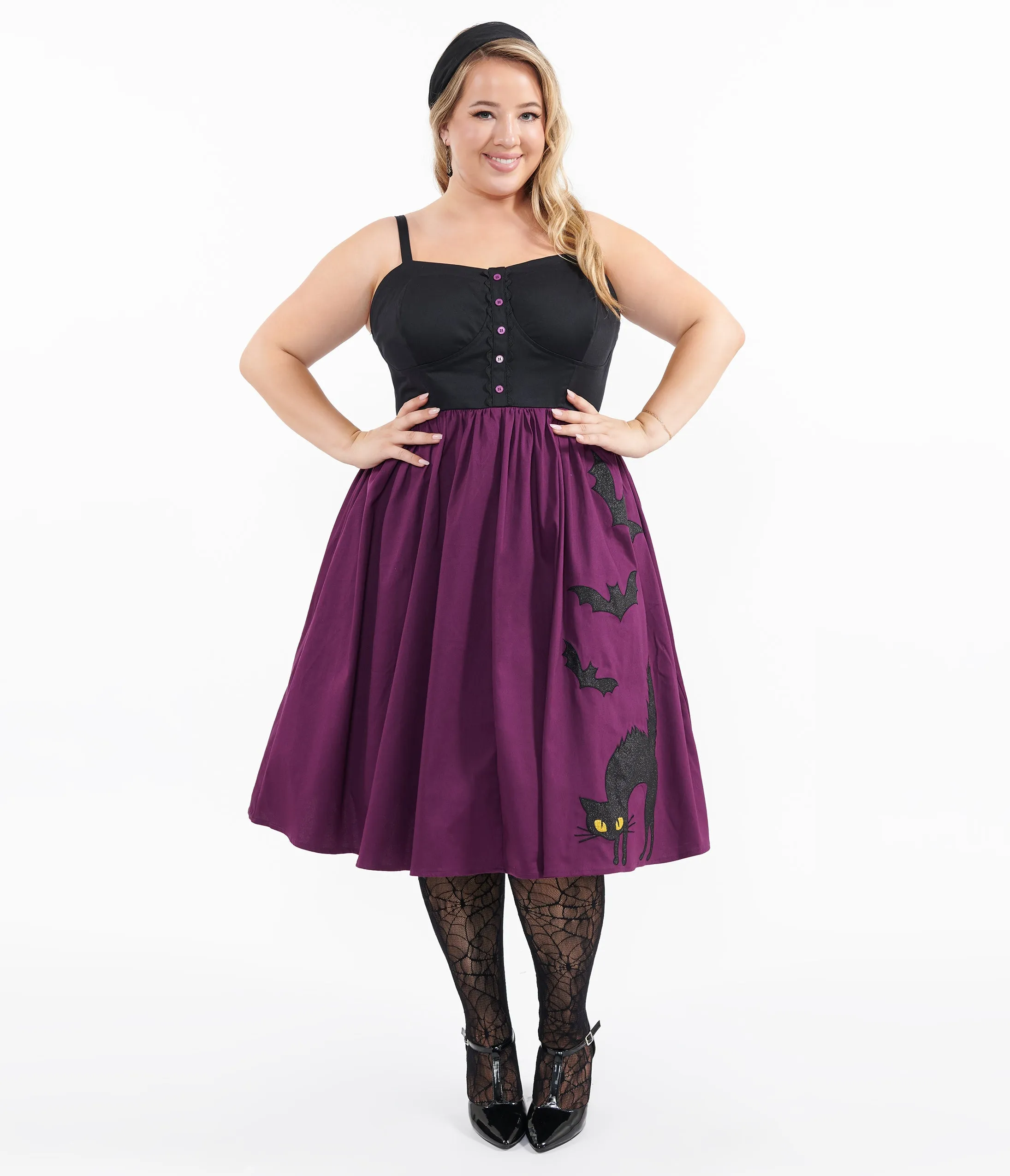 Unique Vintage Plus Size 1950s Purple & Black Glitter Cat Swing Dress sold by Unique Vintage product image thumbnail 3