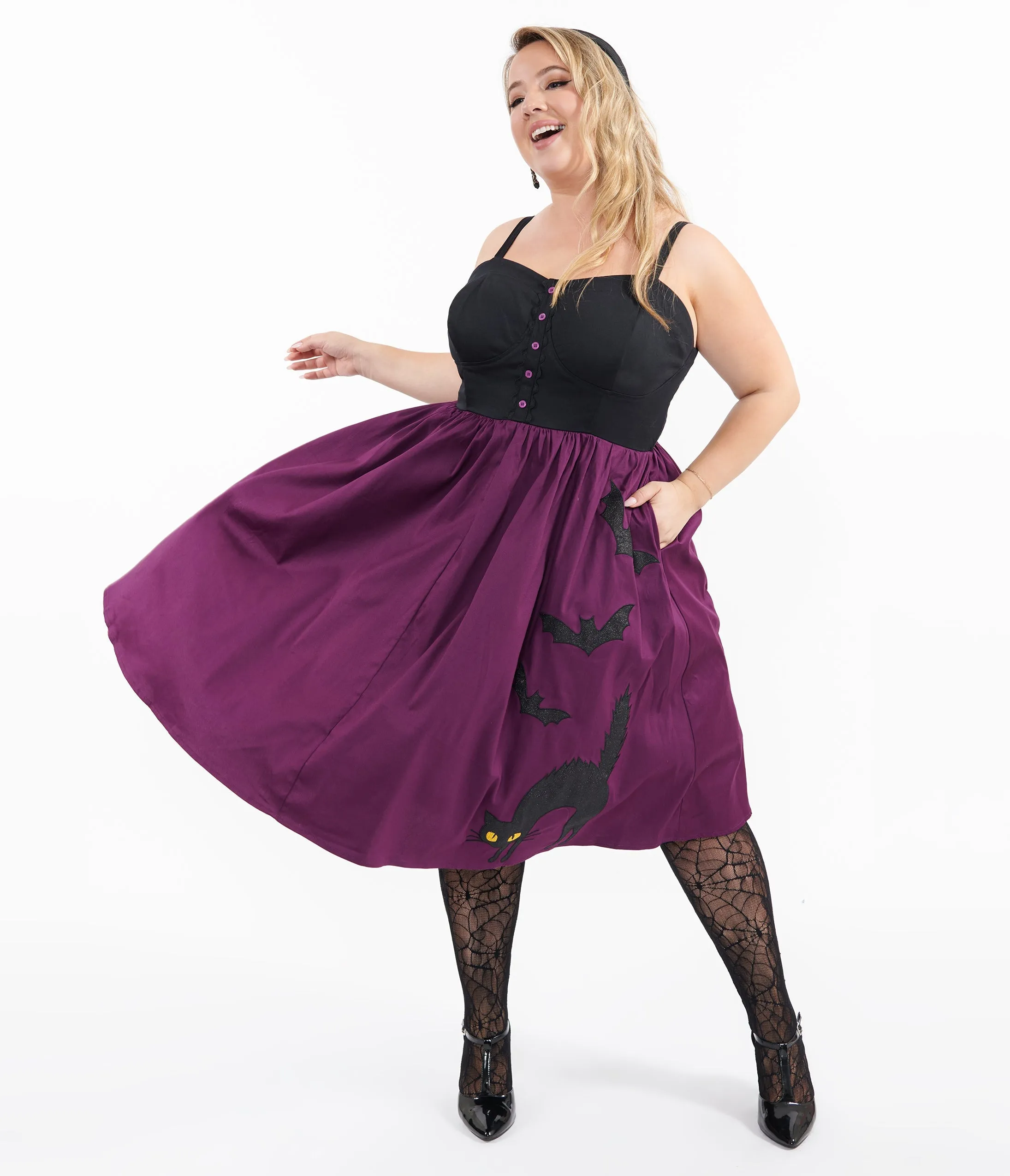 Unique Vintage Plus Size 1950s Purple & Black Glitter Cat Swing Dress sold by Unique Vintage