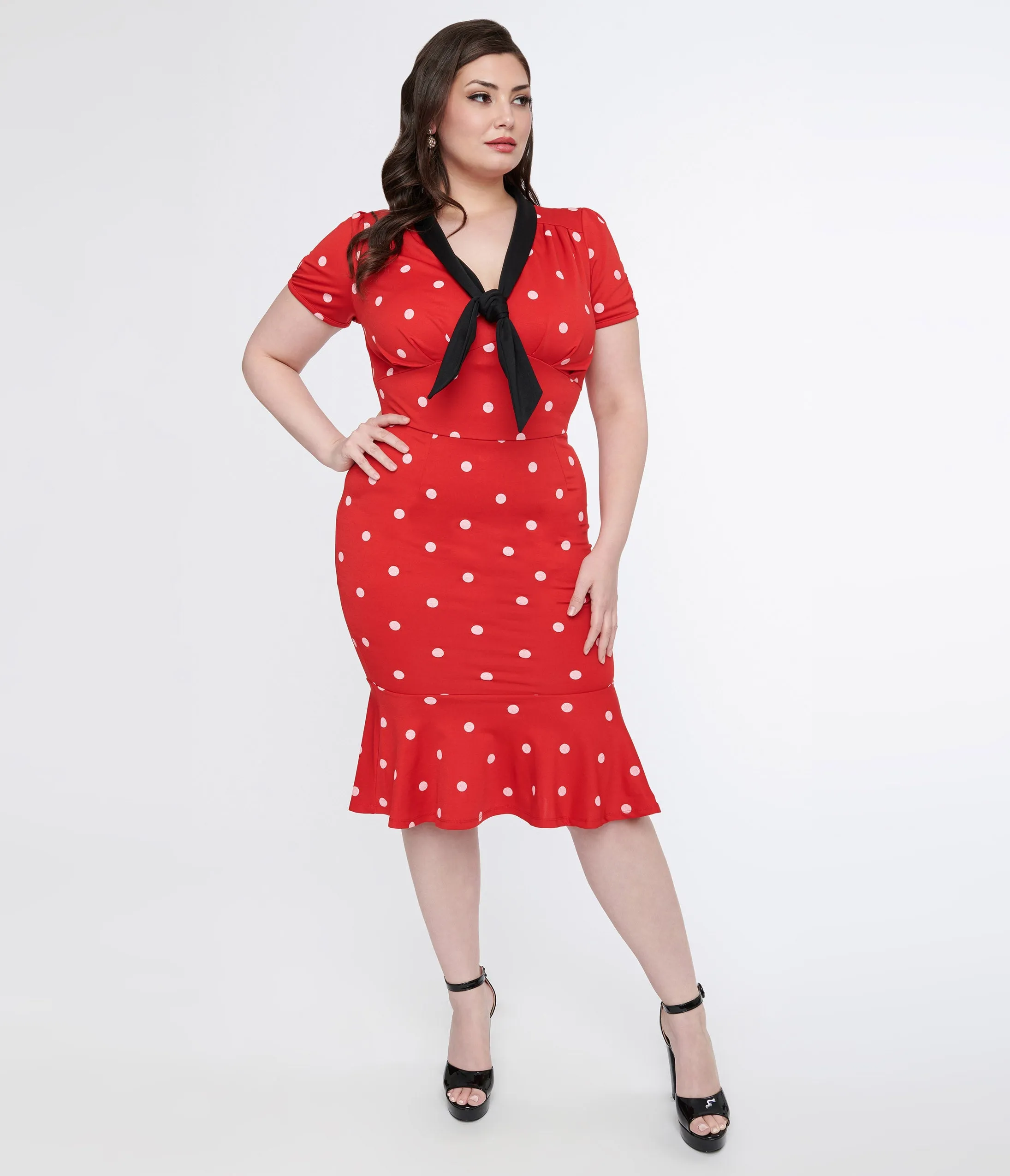 Unique Vintage Plus Size Red & White Polka Dot Neck Tie Wiggle Dress sold by Unique Vintage product image thumbnail 3