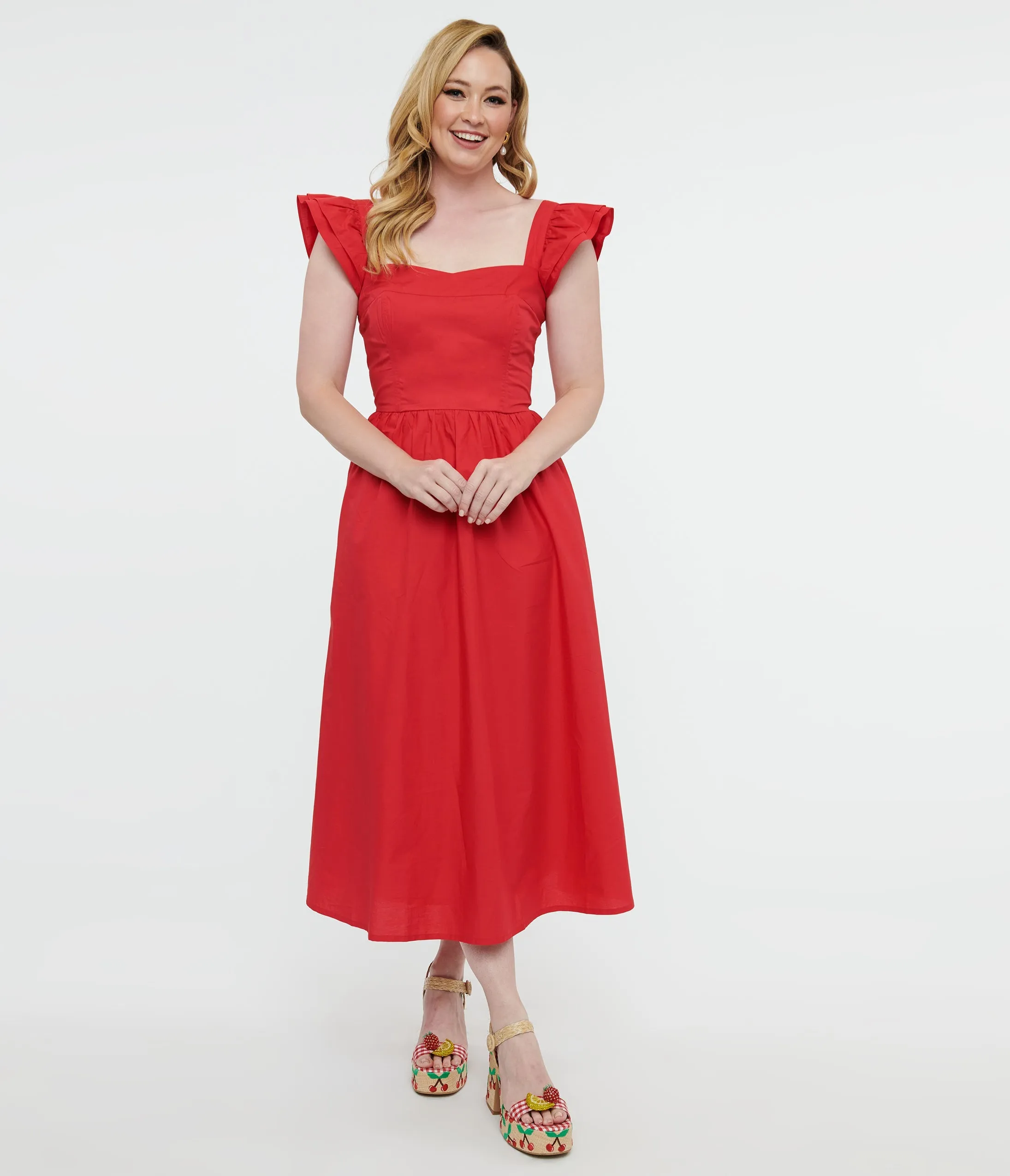 Y2K Red Flutter Sleeve Poplin Midi Dress sold by Unique Vintage product image thumbnail 3